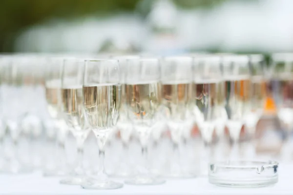 Elegant glasses with champagne standing in a row on serving table during party or celebration