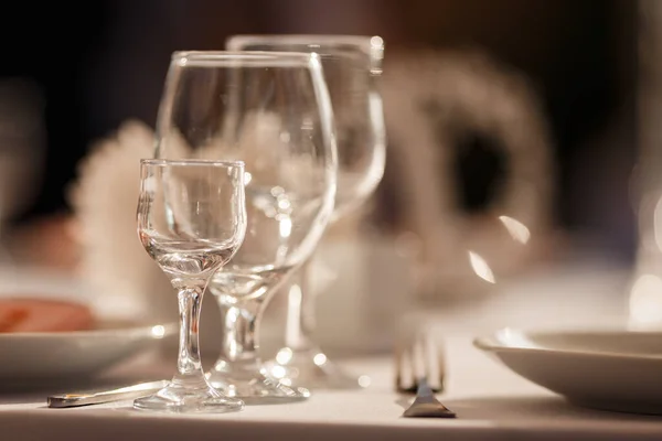 餐桌上的酒和香槟用玻璃杯 免版税图库照片
