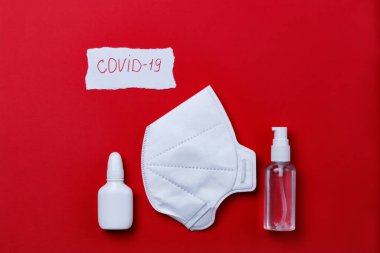 Coronavirus prevention medical mask and hand sanitizer gel for hand hygiene corona virus protection. clipart