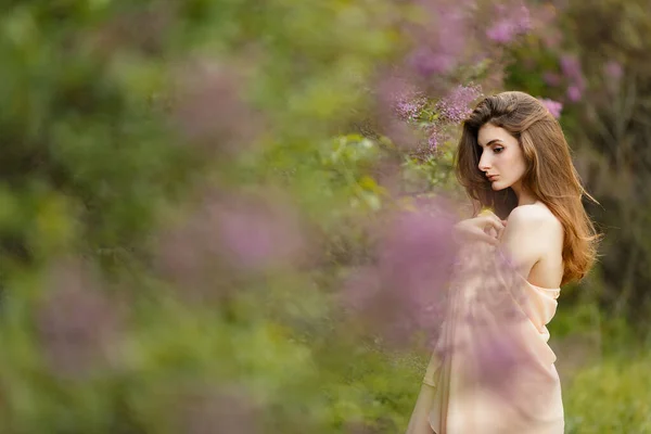 Beautiful Girl Vintage Dress Spring Lilac Garden — Stock Photo, Image