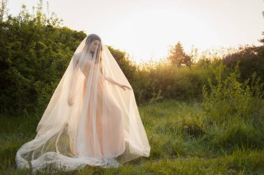 Gelinlik giymiş güzel bir esmer kadın portresi ve uzun peçeli yazın doğa bahçesinde rüzgarda kıvrılan bir kadın. Güzel sanatlar, düğün..