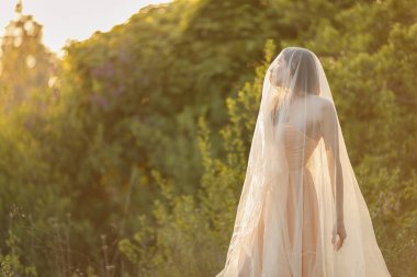 Gelinlik giymiş güzel bir esmer kadın portresi ve uzun peçeli yazın doğa bahçesinde rüzgarda kıvrılan bir kadın. Güzel sanatlar, düğün..