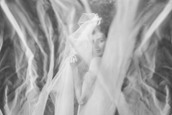 Fine Art Portrait of a beautiful bride with a veil in a summer garden