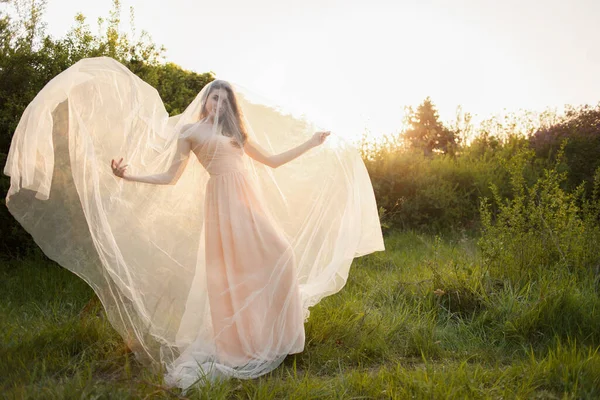 Beaux Arts Portrait Une Belle Mariée Avec Voile Dans Jardin — Photo