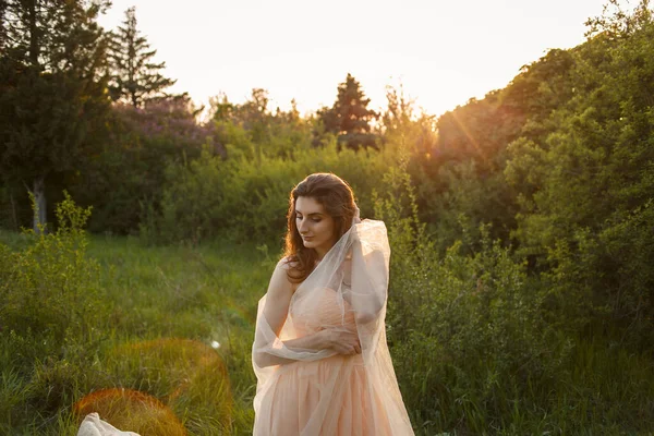 Výtvarné Umění Portrét Krásné Nevěsty Závojem Letní Zahradě — Stock fotografie