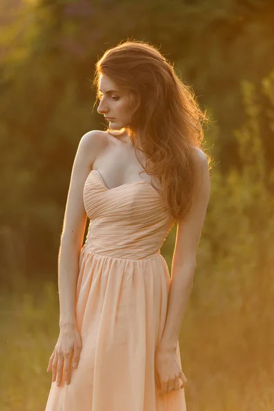 Gün batımında doğada güzel bir kızın portresi. — Stok fotoğraf