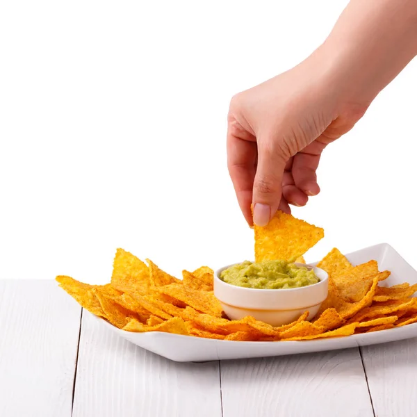 Avocado guacamole with nachos — Stock Photo, Image