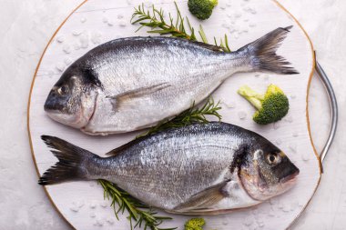 Biberiye ve beyaz gri taş zemin üzerine brokoli ile ham çipura balık. Sağlıklı gıda kavramı, düz yatıyordu, kopya alanı