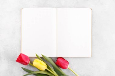 Gri taş arkaplan fotokopi alanı üzerinde açık not defteri ve bahar çiçekleri düz yatıyordu