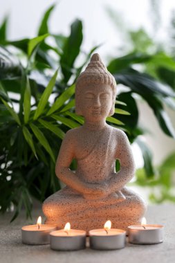 Meditasyonda oturan Buda 'nın doğal taş heykeli mumlar ve tropikal bitkilerle çevrili.