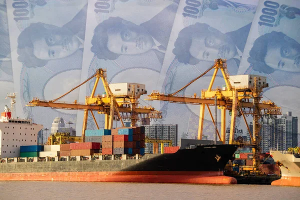 Puerto de comercio industrial marítimo. Puente de grúa y fondo de dinero — Foto de Stock