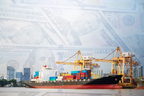 Shipping industrial trade port. Crane bridge and money background — Stock Photo, Image