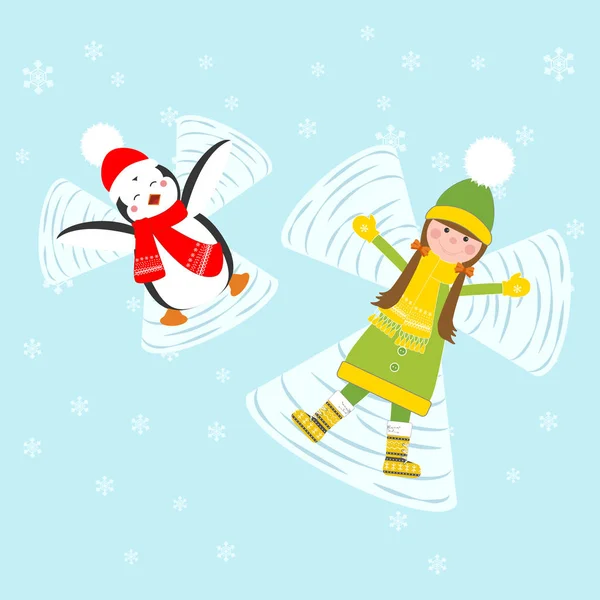 Pingüino y niña haciendo ángeles de nieve — Vector de stock