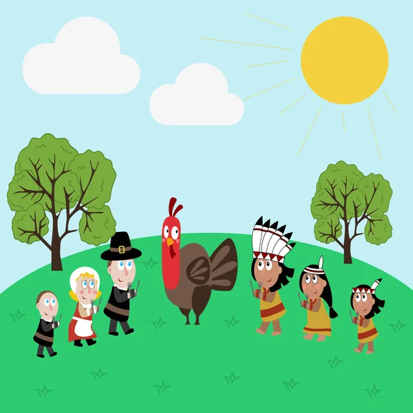 Pilgrims and indians illustration — Stock Vector