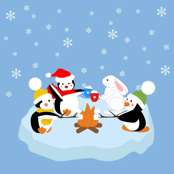 Pingüinos y conejo blanco marshmelou frito — Vector de stock