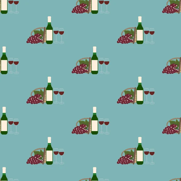 Botella de vino y uvas patrón sin costura — Vector de stock