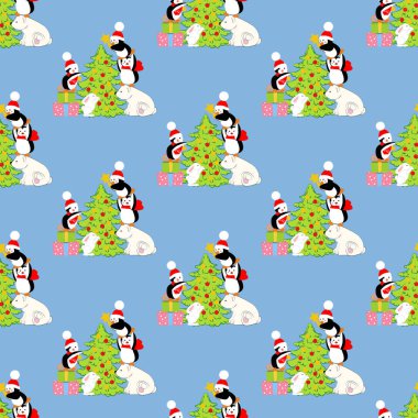 Noel ağacı penguenler ve ayı desen
