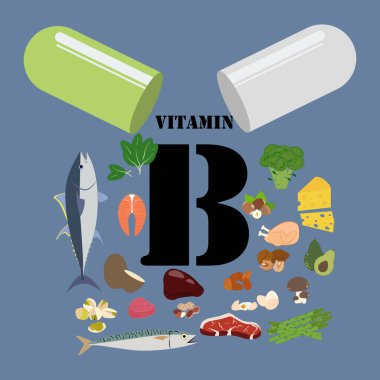 Mavi arka planda B vitamini illüstrasyonu. Vektör illüstrasyonu