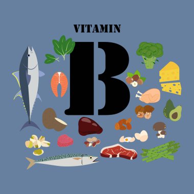 Mavi arka planda B vitamini illüstrasyonu. Vektör illüstrasyonu
