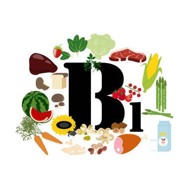 Beyaz arka planda B1 vitamini illüstrasyonu. Vektör illüstrasyonu