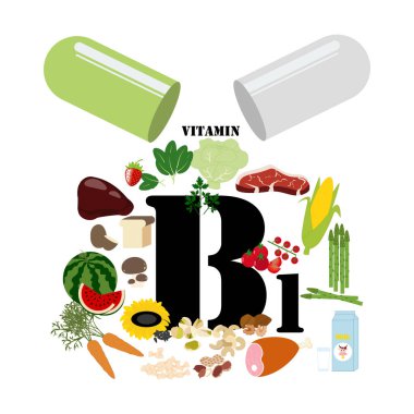 Beyaz arka planda B1 vitamini illüstrasyonu. Vektör illüstrasyonu