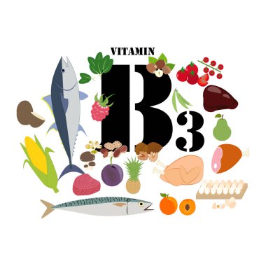 Beyaz arka planda B3 vitamini çizimi. Vektör illüstrasyonu