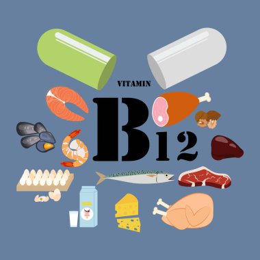 Mavi arka planda B12 vitamini çizimi. Vektör illüstrasyonu