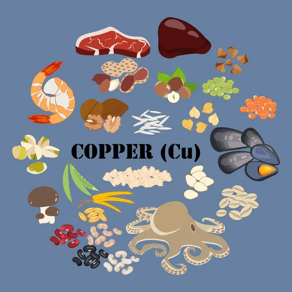 Copper Microelemento Mineral Ilustración Sobre Fondo Azul Ilustración Vectorial — Vector de stock
