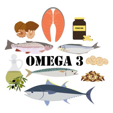 Beyaz arka planda Omega 3 zengin yiyecekler. Vektör illüstrasyonu