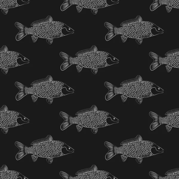 Karpfenfische Zeichnen Ein Nahtloses Muster Auf Dem Schwarzen Hintergrund Vektorillustration — Stockvektor