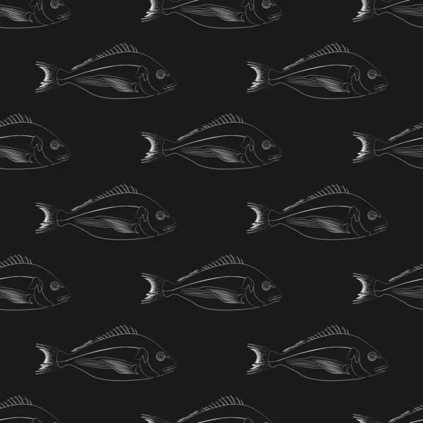 Dorado Fisch Illustration Umreißt Nahtlose Muster Auf Dem Schwarzen Hintergrund — Stockvektor
