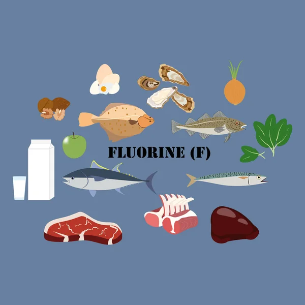 Fluor Minerale Rijk Voedsel Illustratie Blauwe Achtergrond Vectorillustratie — Stockvector