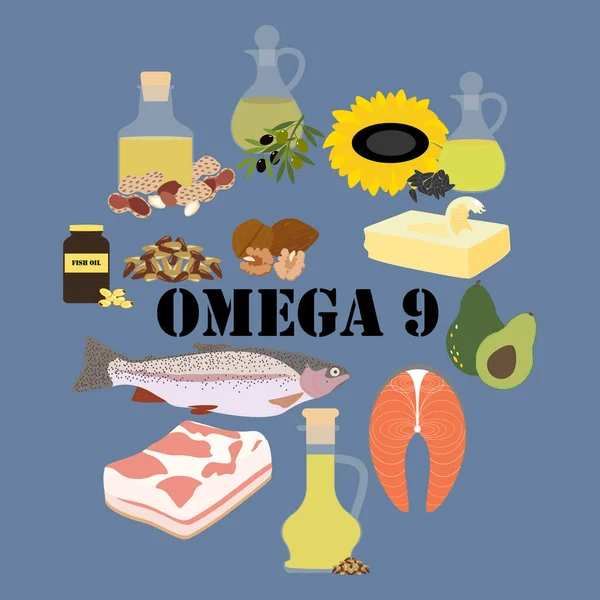 Omega Alimentos Ricos Fondo Azul Ilustración Vectorial — Vector de stock