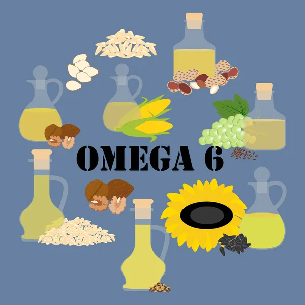 Omega Alimentos Ricos Fondo Azul Ilustración Vectorial — Vector de stock