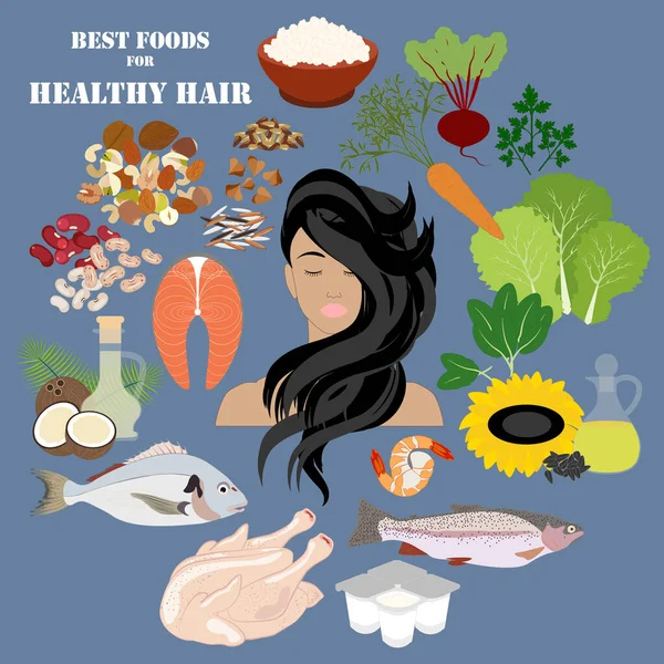 Mavi Arka Plandaki Sağlıklı Saçlar Için Iyi Yiyecekler Vektör Illüstrasyonu — Stok Vektör