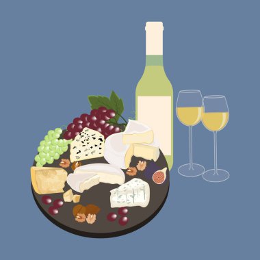 Mavi arka planda şarap olan peynir tabağı. Vektör illüstrasyonu