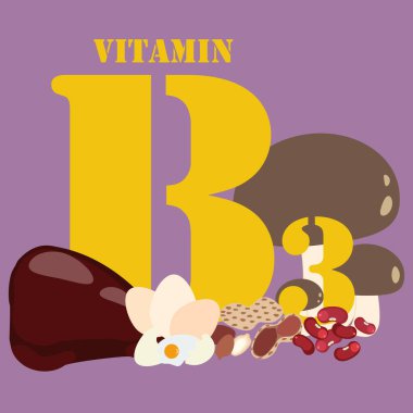 Mor arka planda B3 vitamini çizimi. Vektör illüstrasyonu