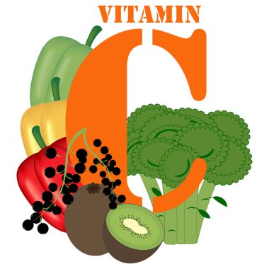 Beyaz arka planda C vitamini illüstrasyonu. Vektör illüstrasyonu