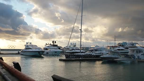 Luksusowe jachty kołyszą się na powierzchni spokojne morze. Kół Olimpijskich w Soczi portu, zachód słońca — Wideo stockowe