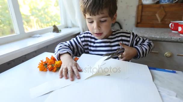Έξυπνη 5 ετών αγόρι κοπεί το χαρτί με το ψαλίδι με πάθος. Κολλά έξω τη γλώσσα — Αρχείο Βίντεο