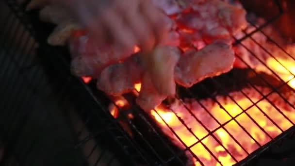 Chef coloca filé de peixe-gato whithout pele em uma grelha. Fogo. Carvão queimado — Vídeo de Stock