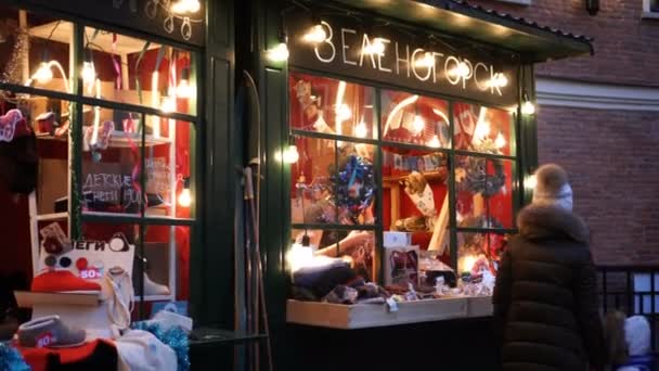 Käufer schauen sich die Waren auf dem Weihnachtsmarkt auf der neuen Holländischen Insel an — Stockvideo