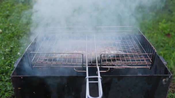 在烤架上烹饪三鲭鱼 — 图库视频影像