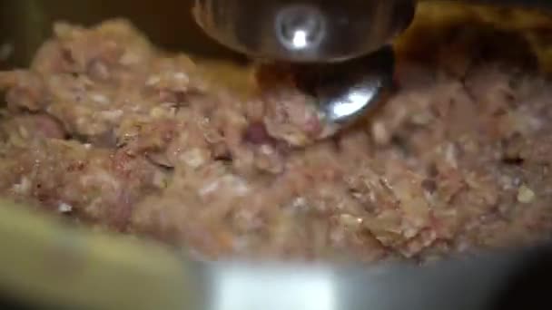 Automatické míchání mletého masa pomocí kuchyňského stroje, zblízka — Stock video