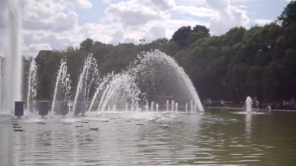 Moskova 'daki Gorky Park' ın köşesindeki Çeşmenin yanında insanlar yürür. — Stok video