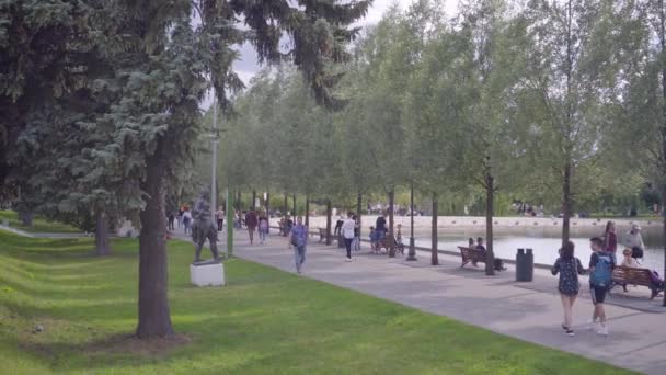 Громадяни відпочивають на лавках біля ставка Піонера влітку ввечері в Парку Горького. — стокове відео