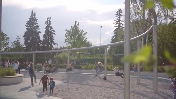 Många glada barn i Mega Swing komplexet inkluderar 29 gungor i Gorky Park — Stockvideo