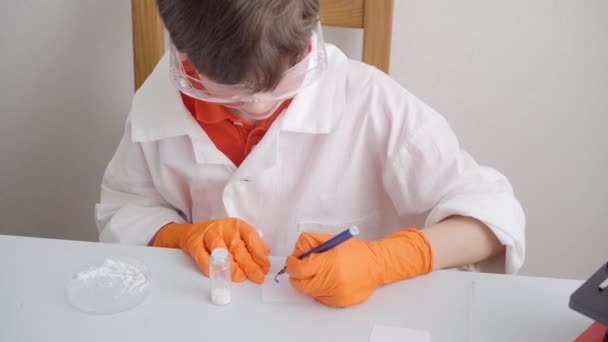Enfant déterminé expérimentalement sel de sodium, le signe, le met à côté des autres — Video