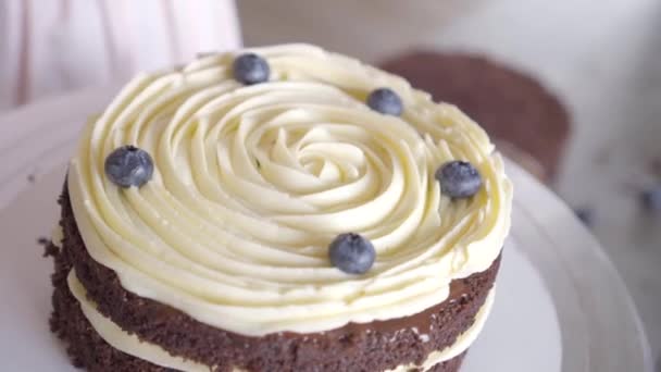 Cukrář nanese vrstvu bobulí na smetanu z dortu, vnitřní vrstvu — Stock video