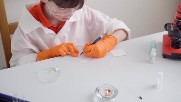 어린이가 실험 삼아 결정 한 나트륨 염에 서명을 하고 다른 사람들 옆에 놓는다 — 비디오